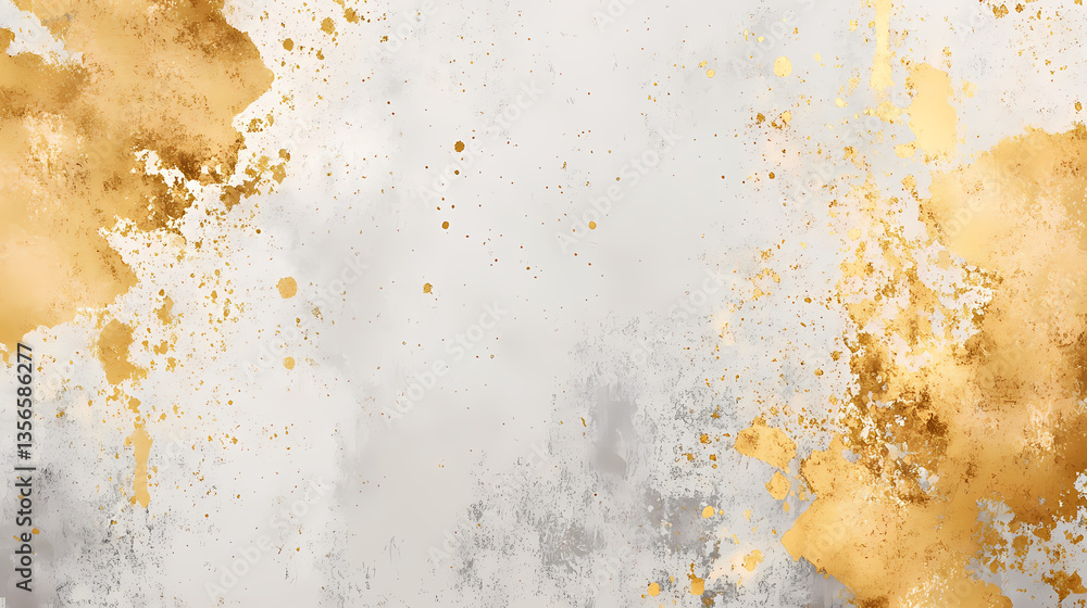 Poster golden splatter texture: a close-up of an abstract gold splatter texture on a light grey, creating a