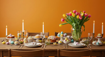 Brightly colored Easter eggs and sweet treats adorn a wooden table set for a festive gathering. Fresh flowers and candles enhance the joyful atmosphere of the celebration