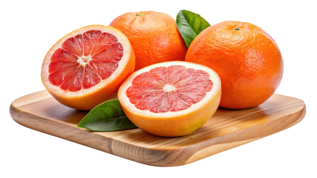 Ripe Red Grapefruits on a Wooden Cutting Board with Green Leaves