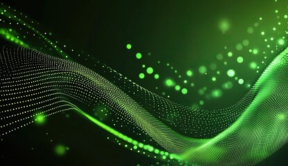 Abstract dynamic wave of glowing particles.  A mesmerizing display of shimmering green particles forming flowing, elegant waves against a dark background. 