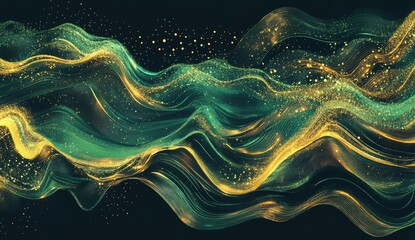 Abstract flowing liquid waves of emerald green and gold