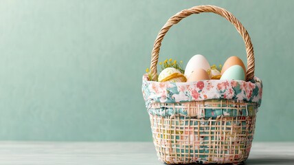 A woven basket filled with colorful Easter eggs, set against a soft green background, creating a festive and cheerful atmosphere.