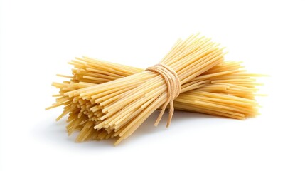 Bundle of uncooked spaghetti pasta tied with string on a white background, food photography