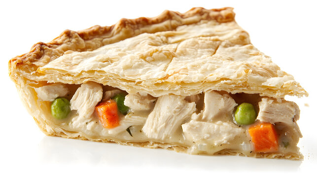 Delicious chicken pot pie slice on a clean white background showcasing a flaky crust and savory filling - Powered by Adobe