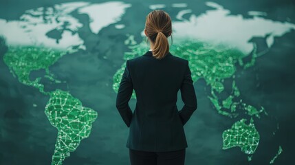Strategic planning vision sustainability concept. Businesswoman analyzing a global map with a green theme. © เด็กชาย นุ่มนิ่ม