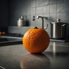 "A detailed image of a fresh orange resting on a kitchen counter, smooth yet bumpy skin, realistic lighting, no marks or stickers."


