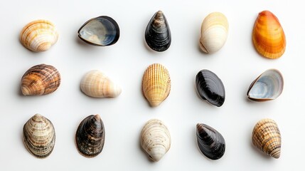 Collection of Various Seashells on White Background Showcasing Unique Shapes and Colors
