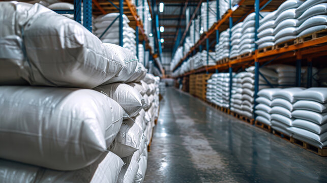 Large white bags of rice in warehouse neatly stacked in several tiers on racks and shelves, demonstrate organized solutions for storing bulk food in state reserve. Stacks of sacks. Copy space for text