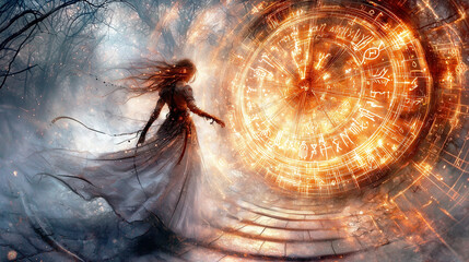 A mystical woman in flowing robes reaches toward a glowing, arcane time wheel etched with symbols, standing in a surreal, misty forest where magic and fate converge.