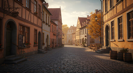 Fototapeta premium Cobblestone street lined with buildings in european town