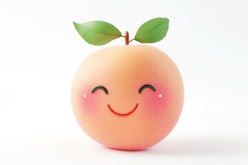 A cute, smiling peach with two green leaves on top, rendered in 3D.