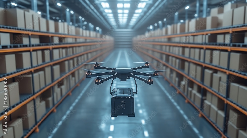 Aufkleber A drone equipped with a cargo container navigates through a spacious warehouse filled with organized shelves of boxes, facilitating inventory sorting and fulfillment processes.