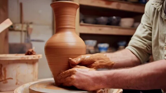 Artisan crafting clay vase on pottery wheel. Traditional ceramics making process. Handmade earthenware creation. Artistic skill demonstration for home decor