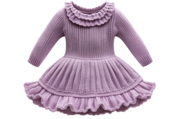 A Charming Lavender Knit Dress For A Little Girl, Featuring A Delicate Ruffled Collar And Layered Skirt, Perfect For A Special Occasion Or A Cozy Day Isolated on Transparent Background