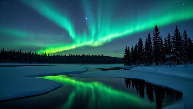 Vibrant green aurora borealis dancing over frozen lake, reflecting in icy water amid snow-covered pines under starry winter night., 4k