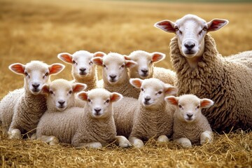 Naklejka premium Fluffy sheep gathered together in golden field, showcasing warmt