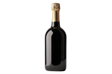 Elegant champagne bottle with golden foil on black background, cut out