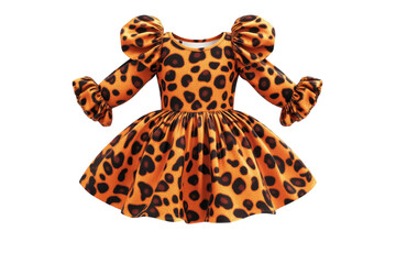 A Darling Little Girls Dress, A Vibrant Orange And Brown Leopard Print, Features Puffed Sleeves And A Playful, Twirling Skirt Design Isolated on Transparent Background