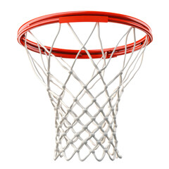 Basketball hoop net red rim white nylon close up view, isolated on transparent background