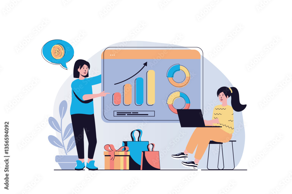 Poster sales performance web concept with cartoon people design. women making financial graph analysis, wor
