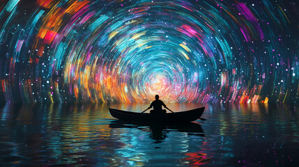 Astral Voyage: A lone figure navigates a boat across tranquil waters beneath a mesmerizing, swirling cosmic tunnel, evoking a sense of wonder and exploration.