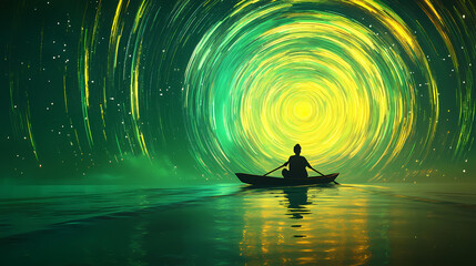Navigating the Cosmic Waters: A solitary figure steers a boat towards an ethereal vortex, a symbol of journey. The scene evokes a sense of mystery and tranquility.