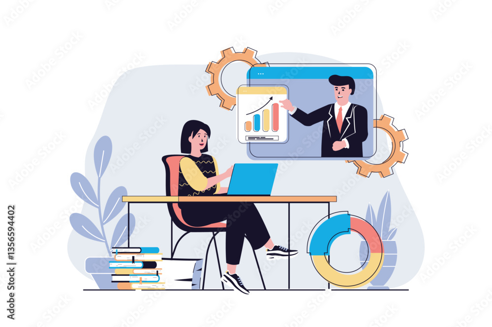 Aufkleber business webinar web concept with cartoon people design. woman learning at online training with busi