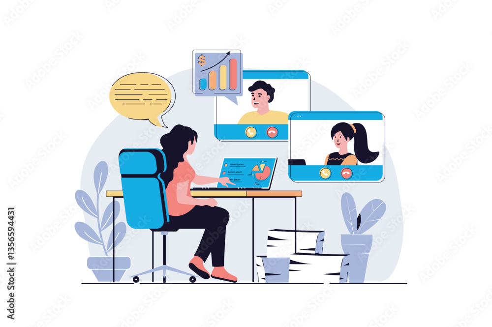 Leinwandbilder business meeting web concept with cartoon people design. man and woman doing work tasks at zoom, mak