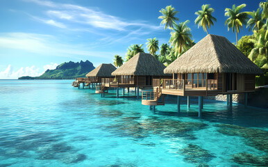 Tropical Paradise Overwater Bungalows: Overwater bungalows in a tropical paradise, with crystal-clear turquoise water under a bright sunny sky, offering an idyllic vacation escape. 