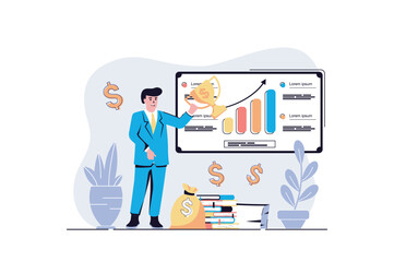 Business award web concept with cartoon people design. Man celebrating victory with trophy cup, achieving financial growth and earning money. Flat vector illustration isolated on white background.
