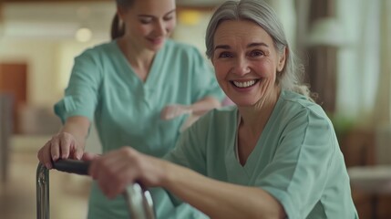 Obraz premium Elderly woman smiling while gripping her walker her nurse in pastel green scrubs encouraging her full-body portrait capturing a moment of trust and care.