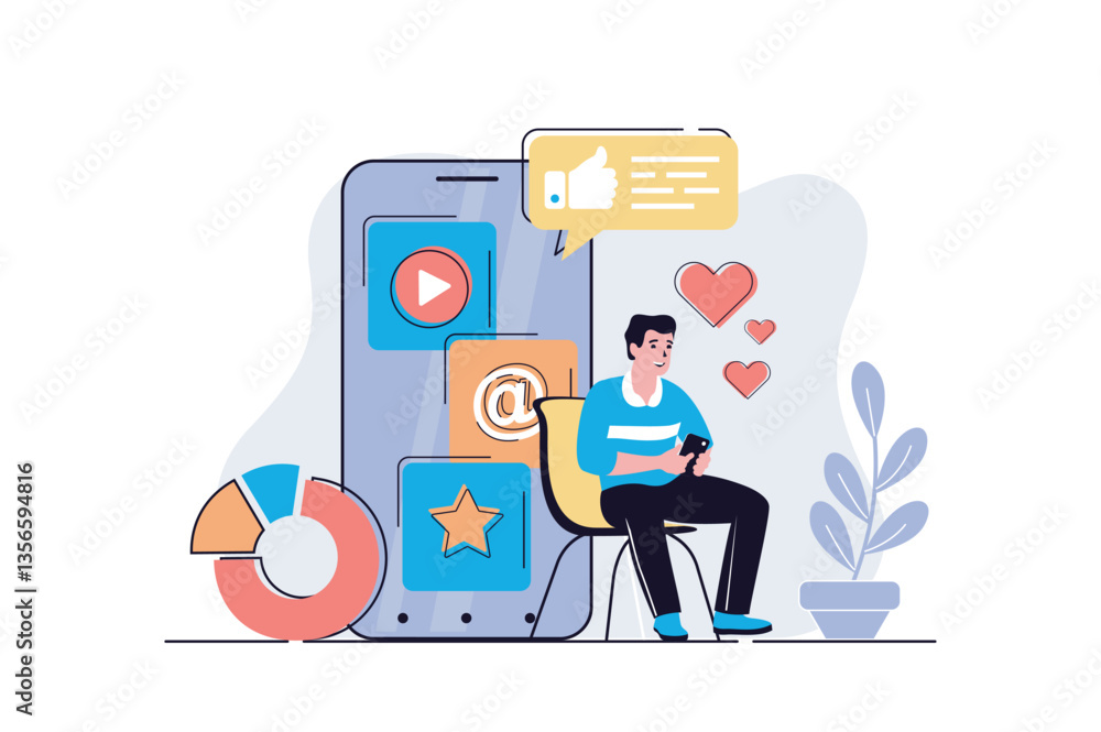 Poster social media marketing web concept with cartoon people design. man making posts with online promotio