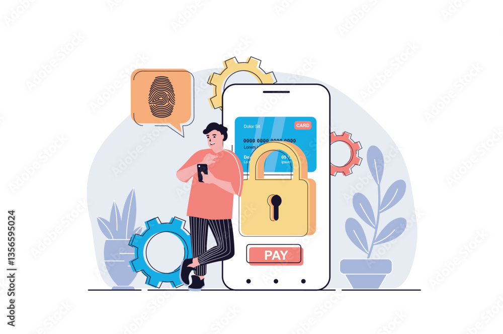 Poster Secure payment web concept with cartoon people design. Man makes safety financial transaction with password approving and fingerprint scanner. Flat vector illustration isolated on white background.