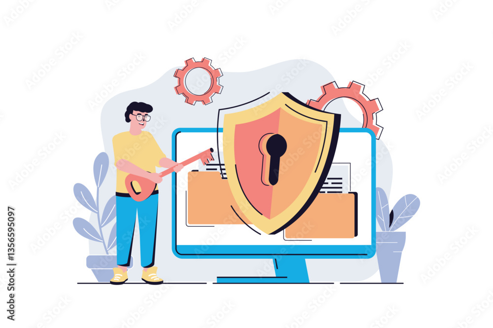 Fototapete Cyber security web concept with cartoon people design. Man using online protection system for personal computer files with encryption defending. Flat vector illustration isolated on white background.