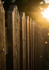 Fototapeta premium Rustic Wooden Fence Bathed in Golden Sunlight, Perfect for Outdoor Serenity and Natural Landscape Design.