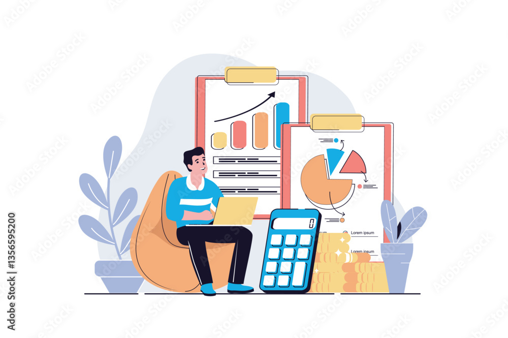 Leinwandbilder accounting web concept with cartoon people design. man making data research and financial audit, ana