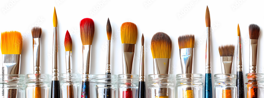 Poster brushstrokes of creativity: a vibrant array of paintbrushes, each uniquely crafted, arranged to insp