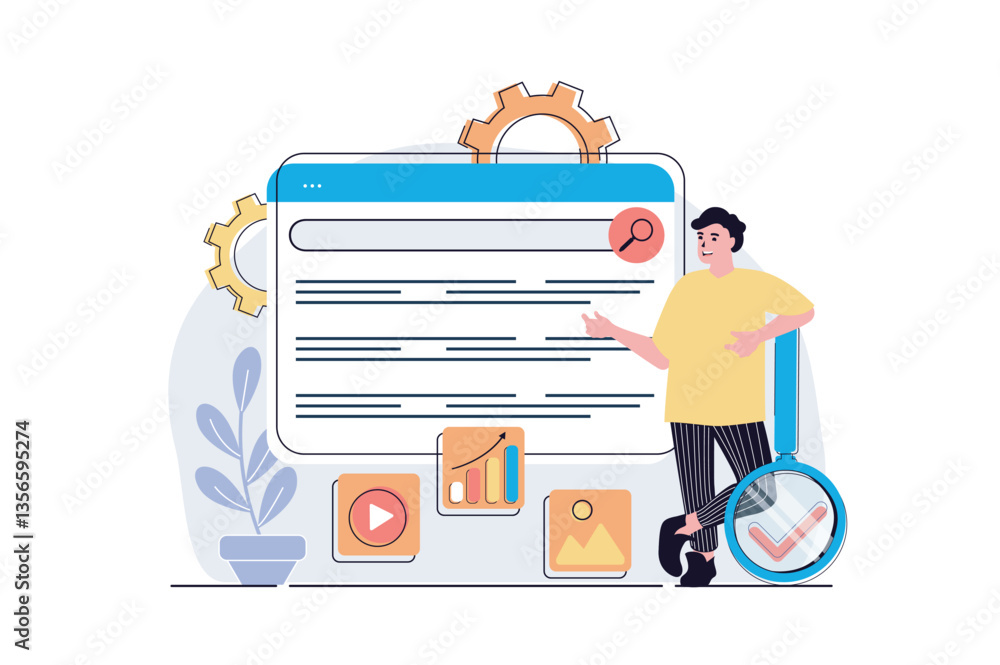 Poster SEO analysis web concept with cartoon people design. Man settings site for search engines, analyzing statistics of webpage, selecting keywords. Flat vector illustration isolated on white background.