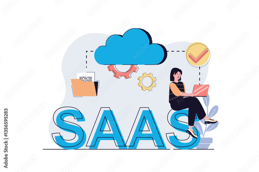 Leinwandbilder saas web concept with cartoon people design. woman using software as service with online subscriptio