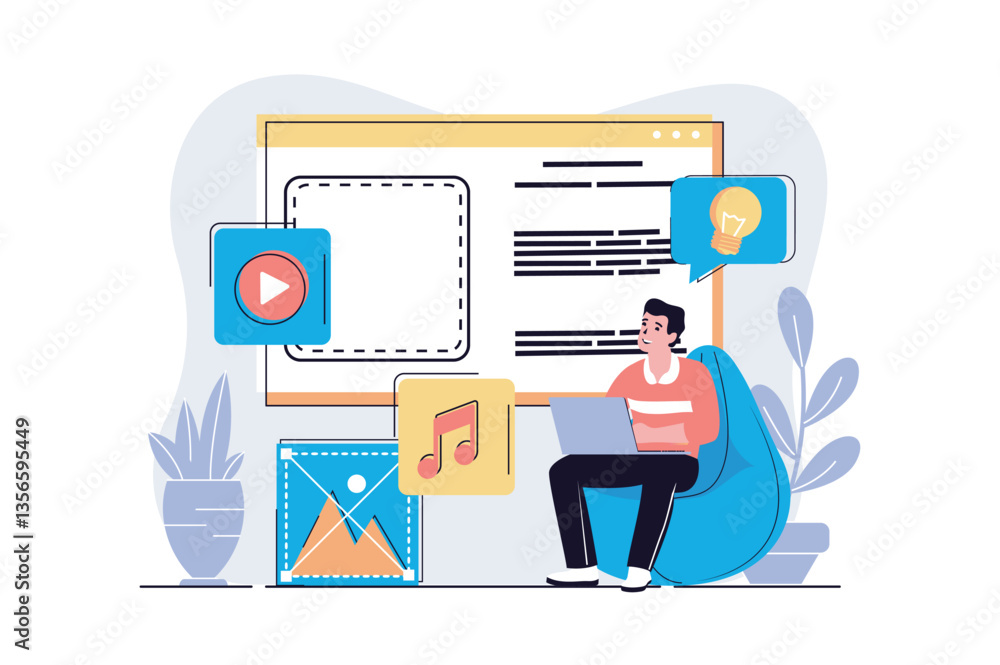Poster Content manager web concept with cartoon people design. Man creating video and audio content for filling site, finding new ideas for publication. Flat vector illustration isolated on white background.