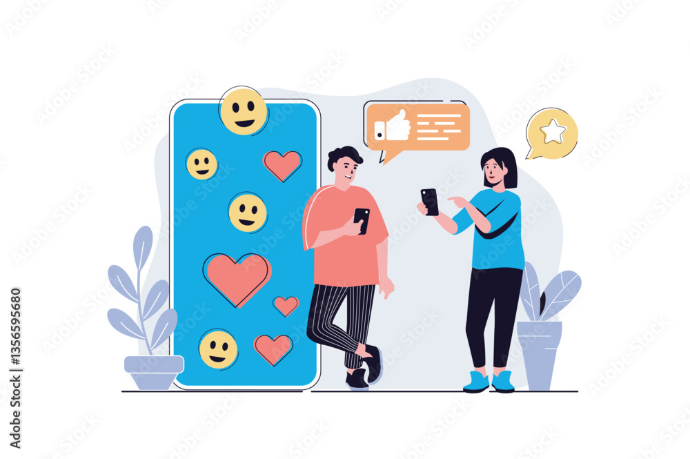 Poster social network web concept with cartoon people design. woman and man writing messages in dating app,