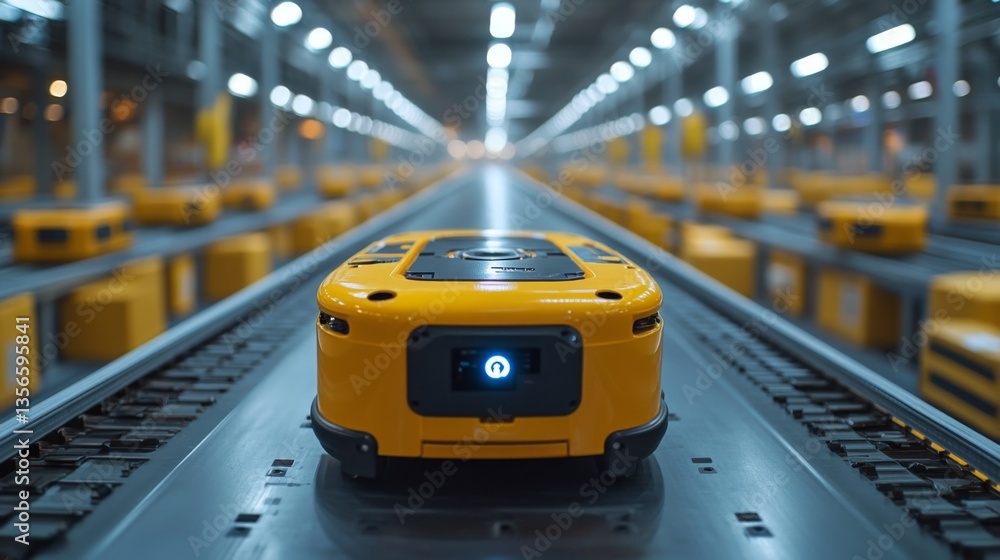 Leinwandbilder A yellow automated robot navigates along conveyor belts in an organized warehouse logistics hub, effectively transporting packages and optimizing the fulfillment process.