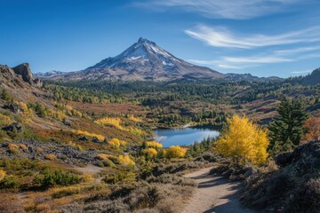 A scenic view of a mountain lake surrounded by colorful trees and a hiking path in the foreground