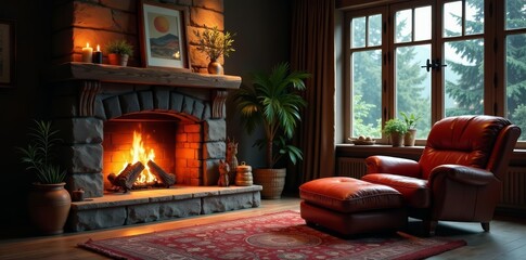 Cozy living room with roaring fireplace and comfortable armchair, interior, relaxation