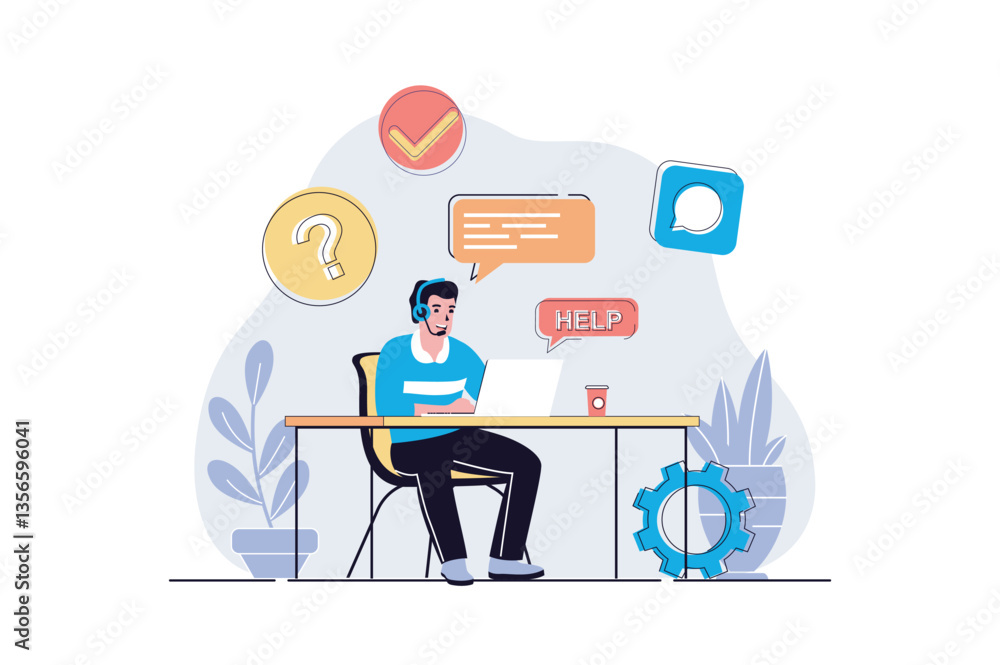 Poster customer service web concept with cartoon people design. call center operator answering questions, h