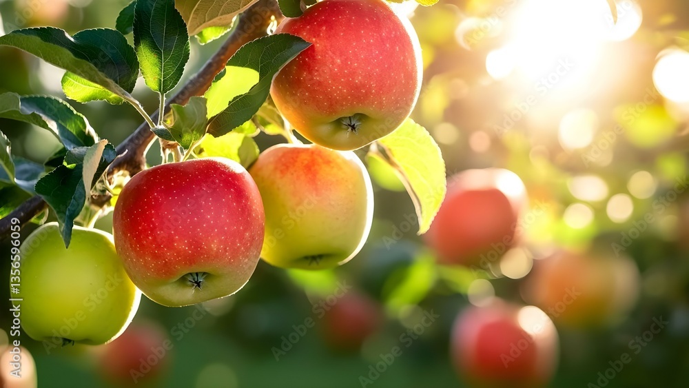 Poster red and green apples hanging on branches with sunlight filtering through, creating a warm and vibran