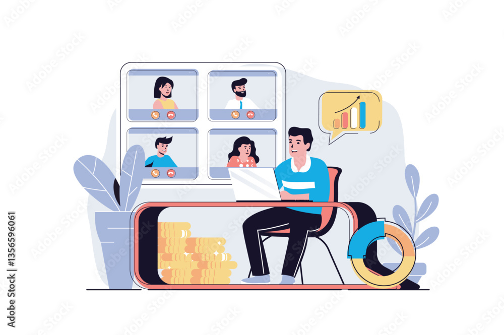 Aufkleber video business conference web concept with cartoon people design. man and woman discussing tasks at 