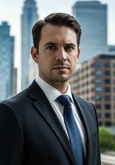 Fototapeta premium Professional Businessman in Suit Standing with Cityscape Background, Ideal for Corporate Profile or Business Presentation Uses