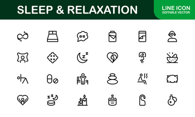 Modern Sleep and Relaxation Icon Set Vector Illustration. Featuring Essential Symbols for Rest, Calm, and Comfort