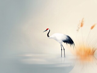 Obraz premium Elegant Crane Action in Serene Wetlands Wildlife Photography Minimalist Nature Environment